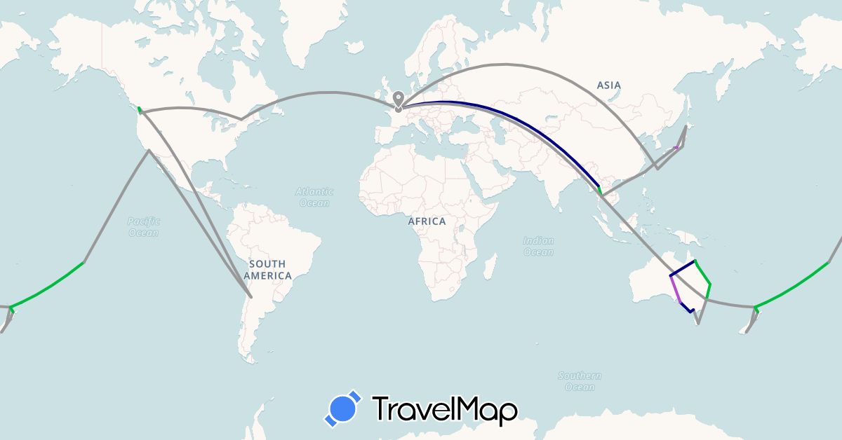 TravelMap itinerary: driving, bus, plane, train in Argentina, Australia, Canada, France, Japan, New Zealand, French Polynesia, Thailand, Taiwan, United States (Asia, Europe, North America, Oceania, South America)
